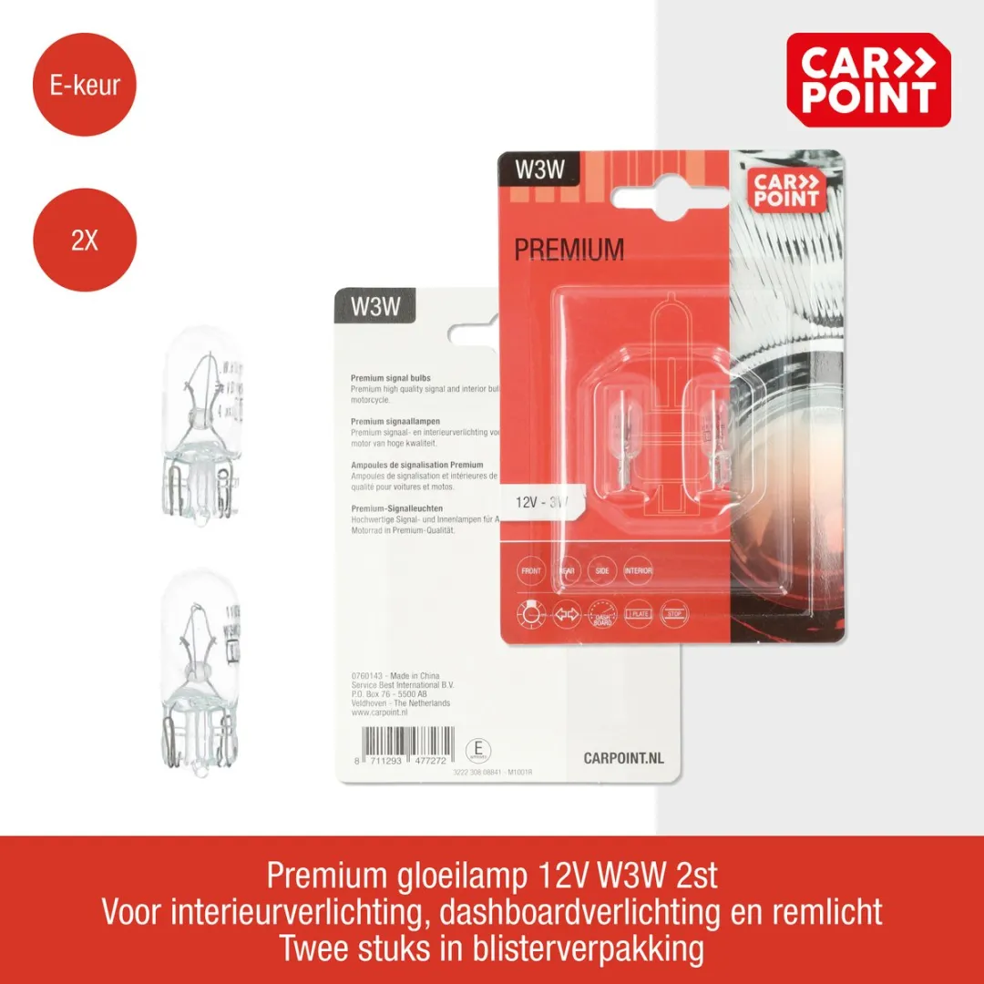 Carpoint Premium W3W Autolampen 12V - 2 Stuks