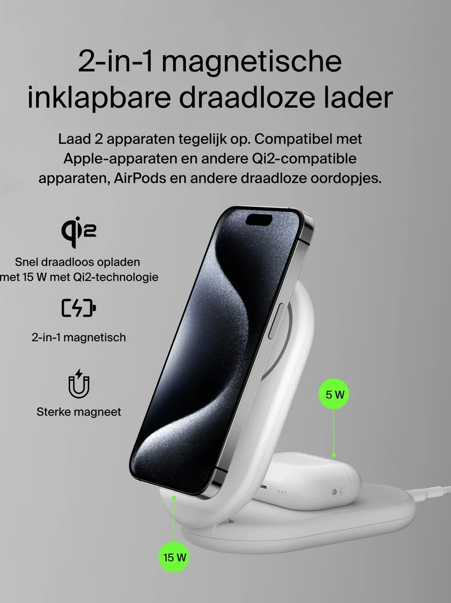 Belkin WIZ028vfWH 2-in-1 Draadloze Lader Qi2 15W - Wit