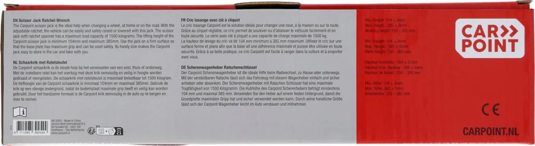 Carpoint Schaarkrik 1500KG - Hefhoogte 104-385mm - Zwart