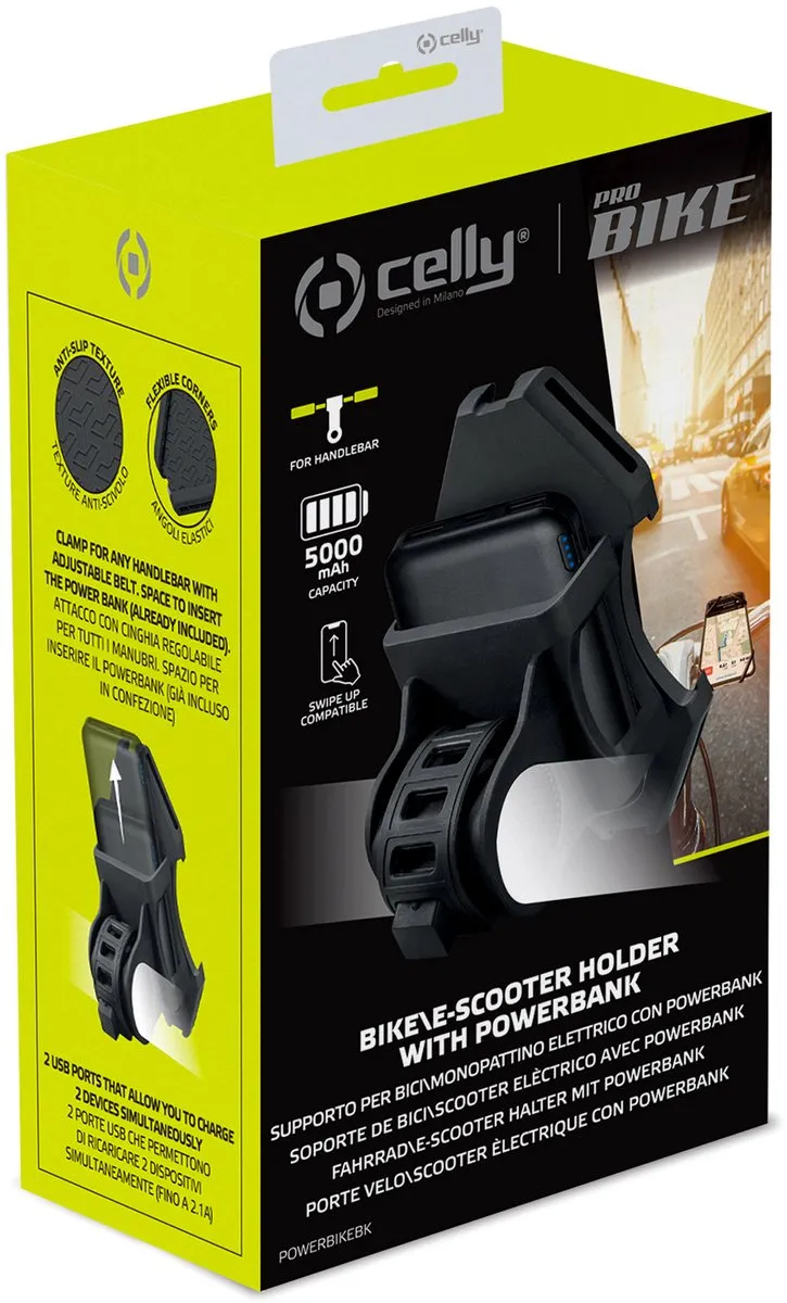 Celly Telefoonhouder Powerbank 5000mAh - 2 USB - Universeel Zwart