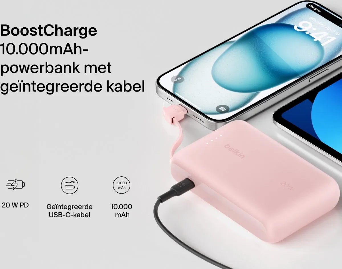 Belkin BoostCharge Powerbank 10.000mAh BPB021hqPK - 20W - Roze