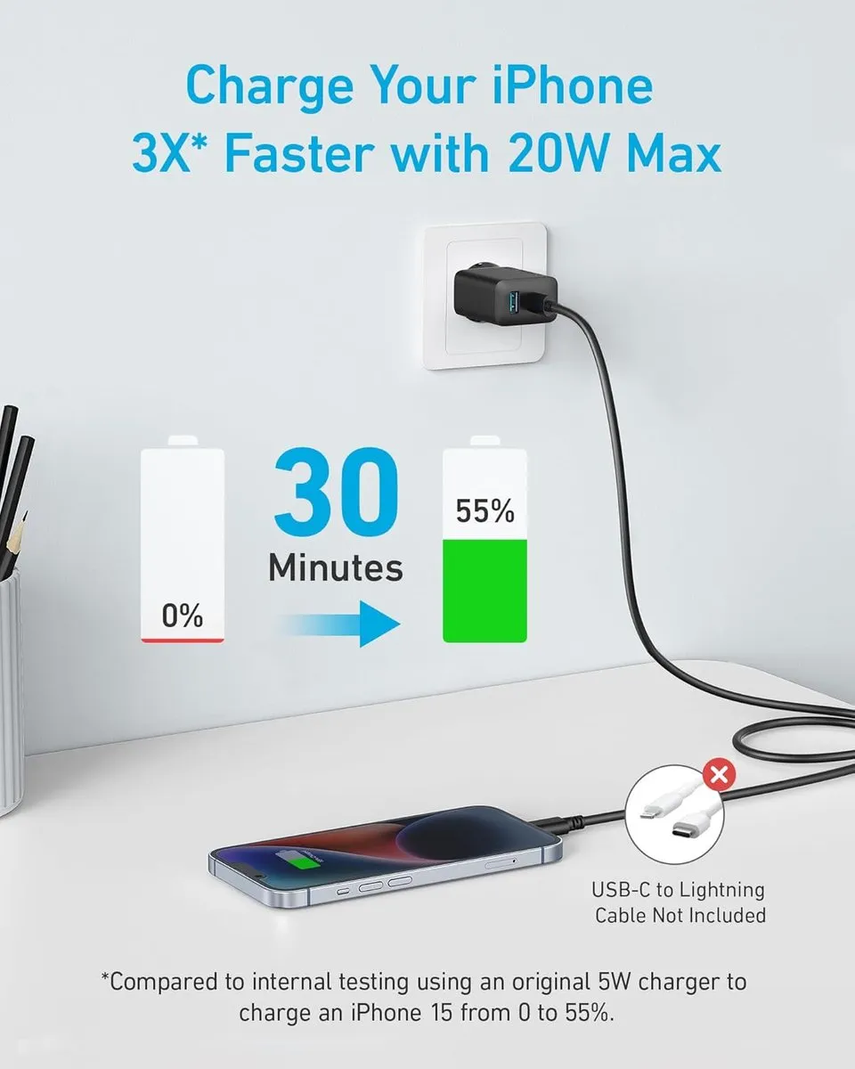 Anker 2-Port USB-C Oplader 20W 2x + Kabel 1,5m 2x - Zwart