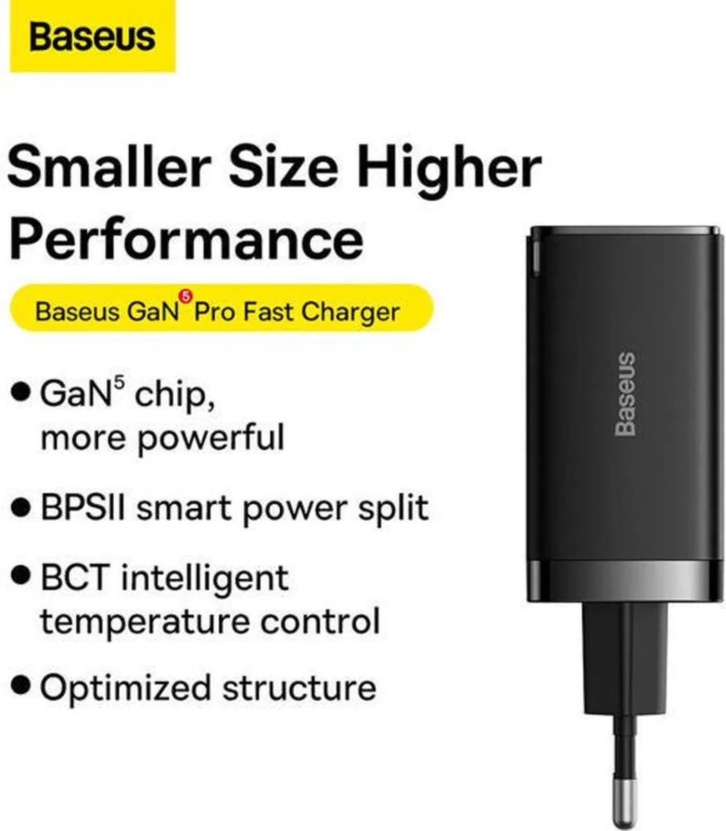 Baseus GaN5 Pro Snellader 65W PD 3.0 - 3 Outputs - Wit