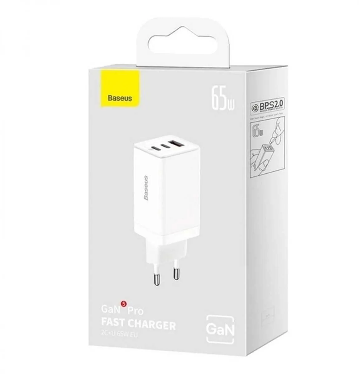 Baseus GaN5 Pro Snellader 65W PD 3.0 - 3 Outputs - Wit