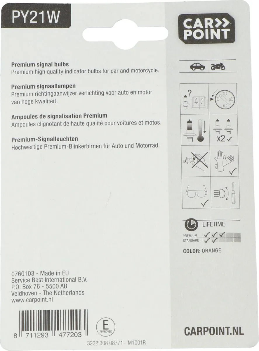 Carpoint PY21W Autolampen - 12V - 2 Stuks - Helder Oranje