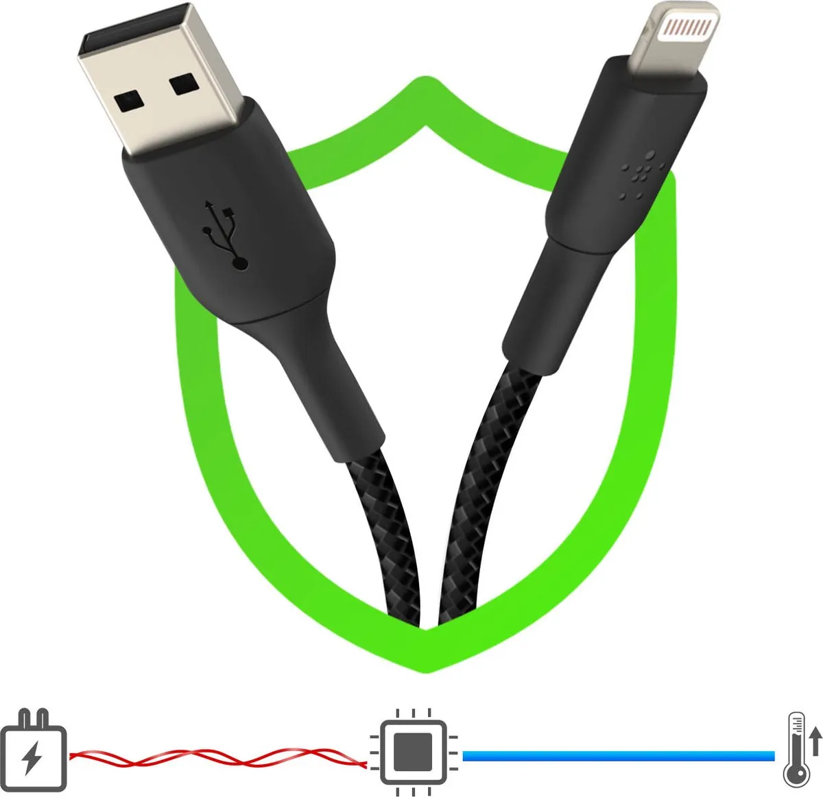 Belkin Braided iPhone Lightning naar USB-A Kabel 1m - Zwart