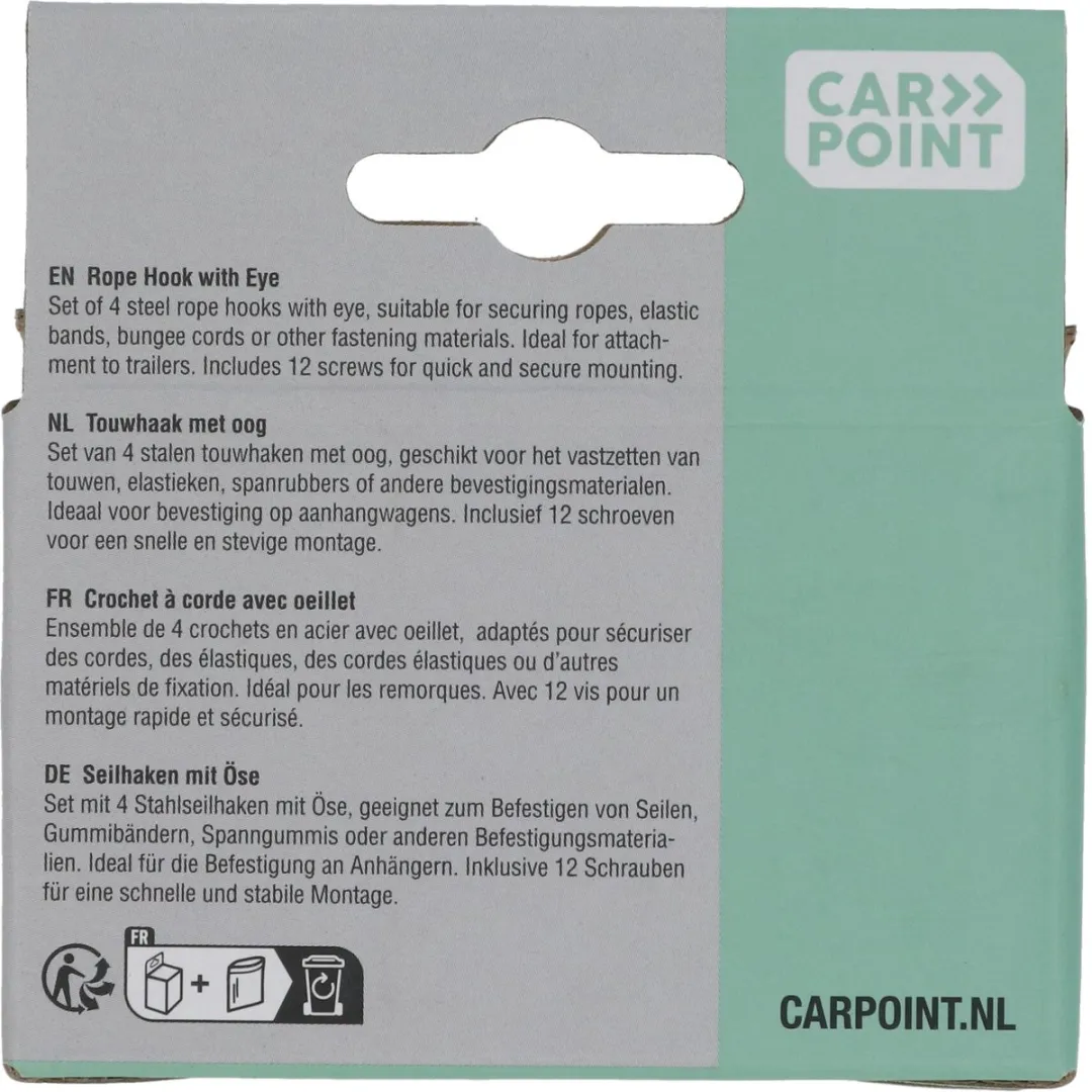 Carpoint Touwhaak met Oog Staal - 4 Stuks - Zilver