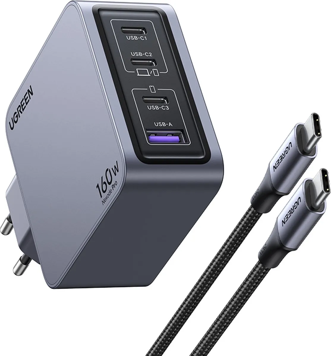 Ugreen Nexode Pro 160W Wandlader - 4x USB-C - Zwart/Grijs