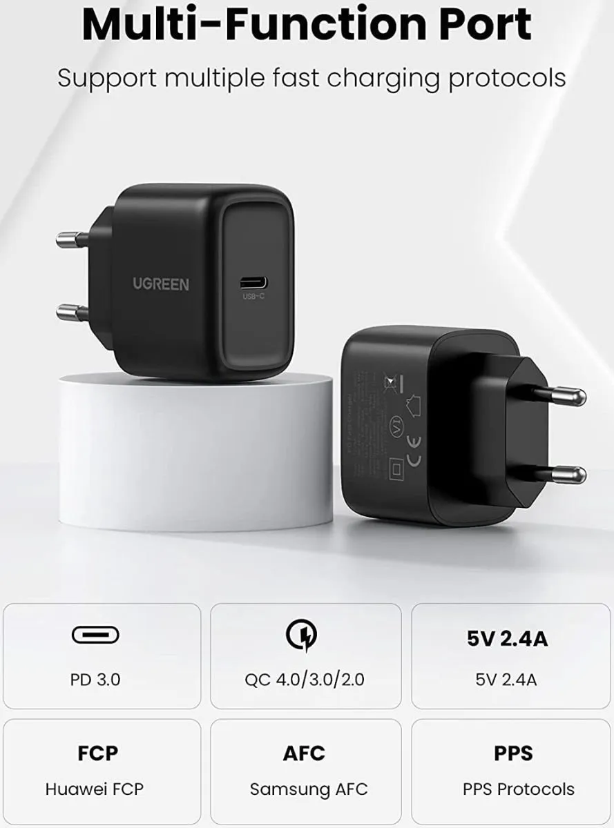 Ugreen 25W PD USB-C Snellader - 2M Kabel - Zwart