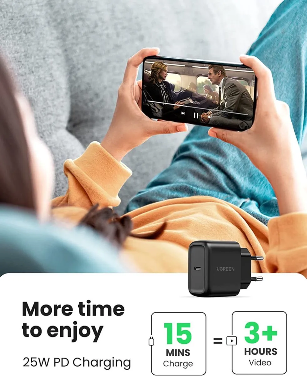 Ugreen 25W PD USB-C Snellader - 2M Kabel - Zwart - afbeelding 6 van 6