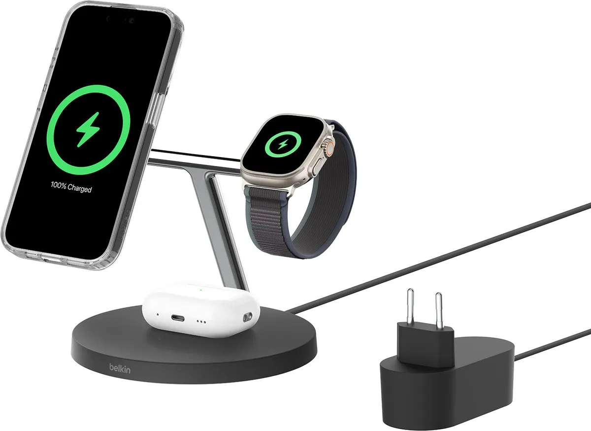 Belkin WIZ032kqBK 3-in-1 Qi2 Draadloze Oplader