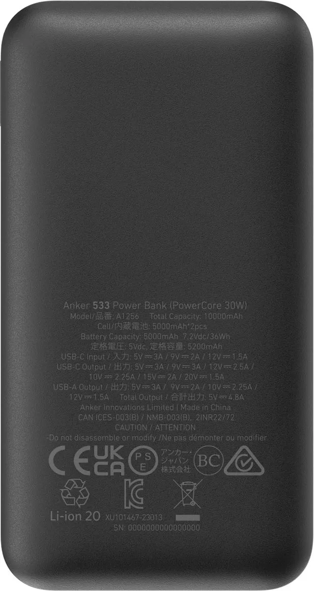 Anker PowerCore 533 A1256G12 Powerbank 10.000mAh - 3 Poorten - Zwart