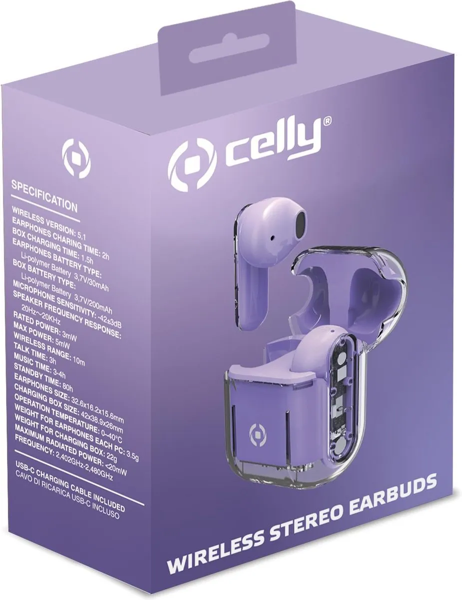 Celly Purple SHEERVL Draadloze Oordopjes - Paars - afbeelding 2 van 2