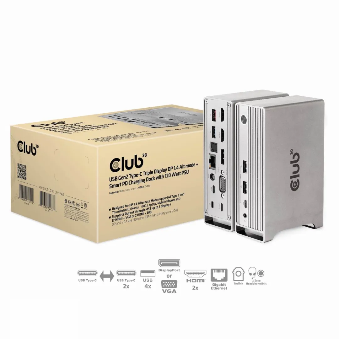 Club 3D USB-C® 10Gbps DP 1.4 Alt-modus Smart PD oplaaddock met 120 watt voeding voor drie schermen