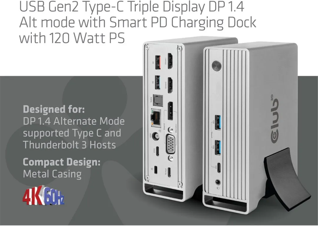 Club 3D USB-C® 10Gbps DP 1.4 Alt-modus Smart PD oplaaddock met 120 watt voeding voor drie schermen