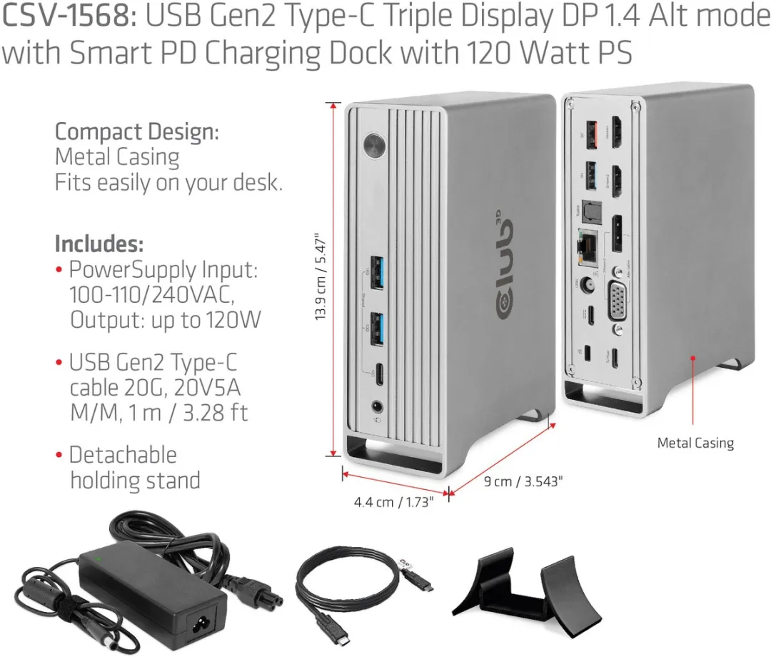 Club 3D USB-C® 10Gbps DP 1.4 Alt-modus Smart PD oplaaddock met 120 watt voeding voor drie schermen