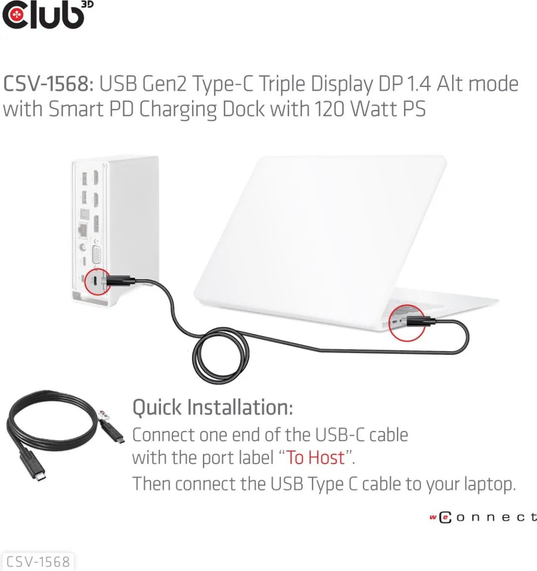 Club 3D USB-C® 10Gbps DP 1.4 Alt-modus Smart PD oplaaddock met 120 watt voeding voor drie schermen