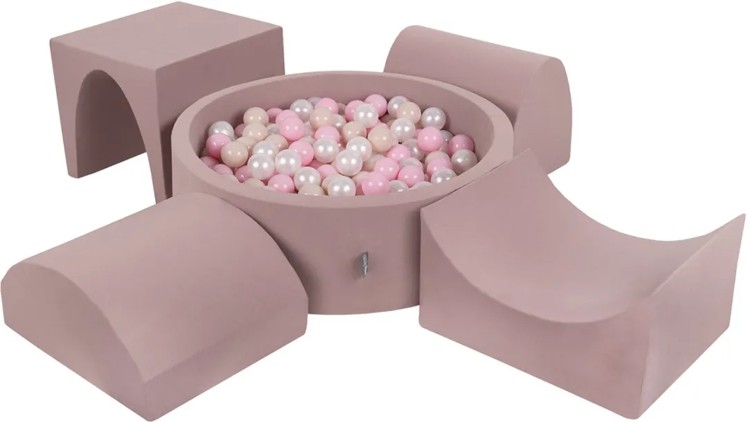 KiddyMoon Foam speeltuin PPZP-OK30D-135 met ballen heide: pastel-beige-powderroze-parel zwembad 200/gourd/tunnel/ramp L/semi-schacht L Speeltoestel
