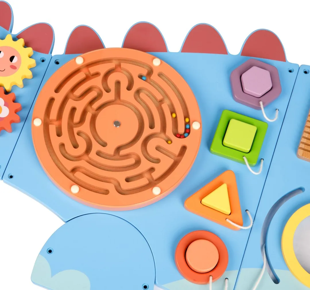 Tooky Toy Houten Activiteitenpaneel Dinosaurus – Houten Educatief Speelbord voor Kinderen – Met Xylofoon, Doolhof, Telraam & Meer – Motoriek Speelgoed – Busy Board