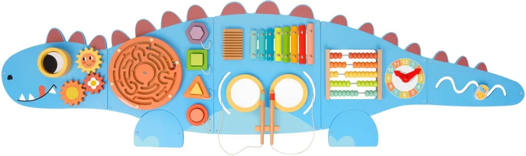 Tooky Toy Houten Activiteitenpaneel Dinosaurus – Houten Educatief Speelbord voor Kinderen – Met Xylofoon, Doolhof, Telraam & Meer – Motoriek Speelgoed – Busy Board