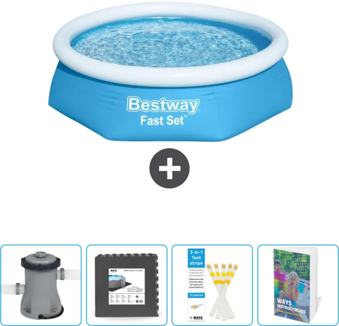 Bestway Rond Opblaasbaar Fast Set Zwembad - 244 x 61 cm - Blauw - Inclusief Pomp Vloertegels - Testrips - Zwembadgids