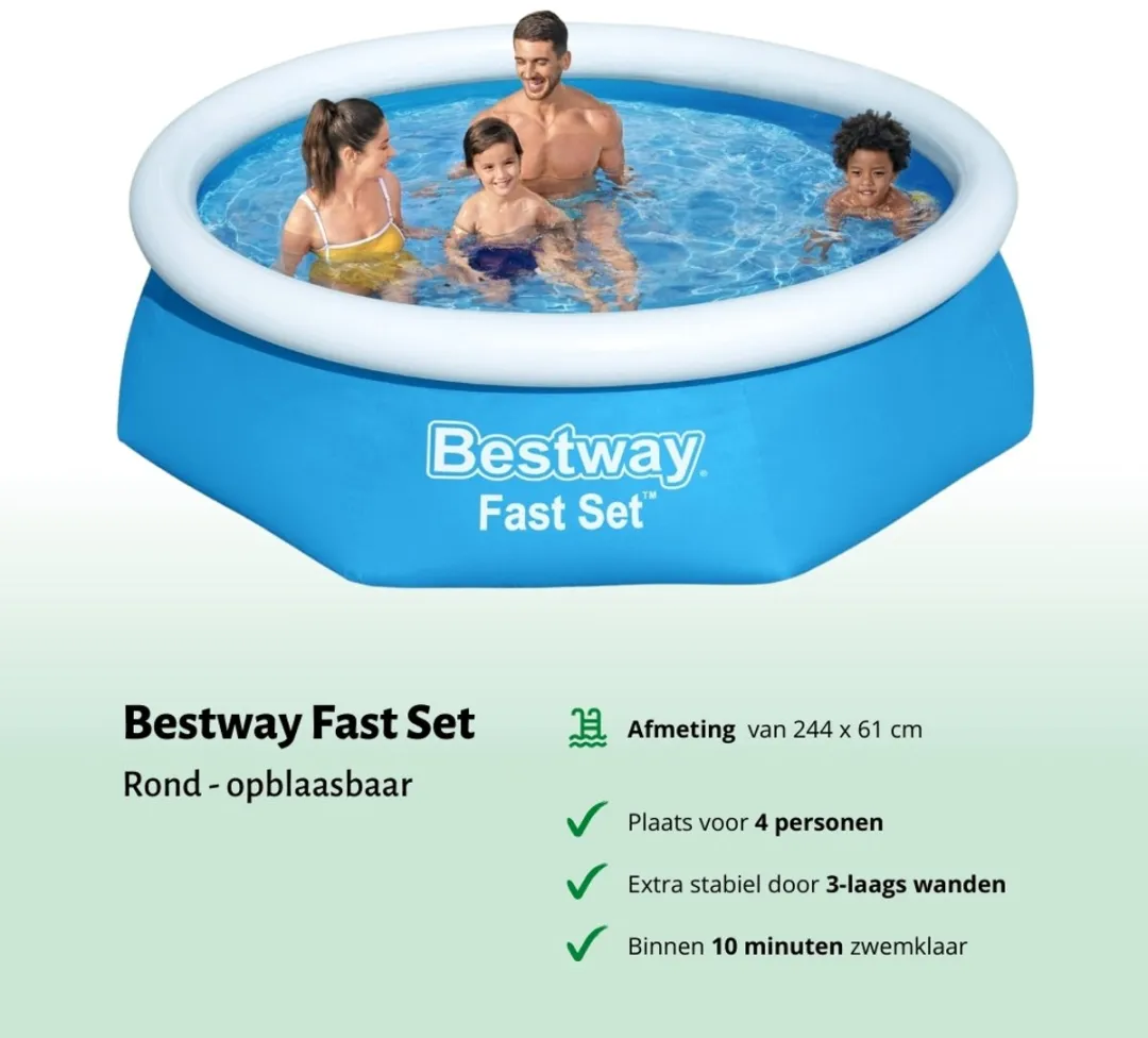 Bestway Rond Opblaasbaar Fast Set Zwembad - 244 x 61 cm - Blauw - Inclusief Pomp Vloertegels - Testrips - Zwembadgids
