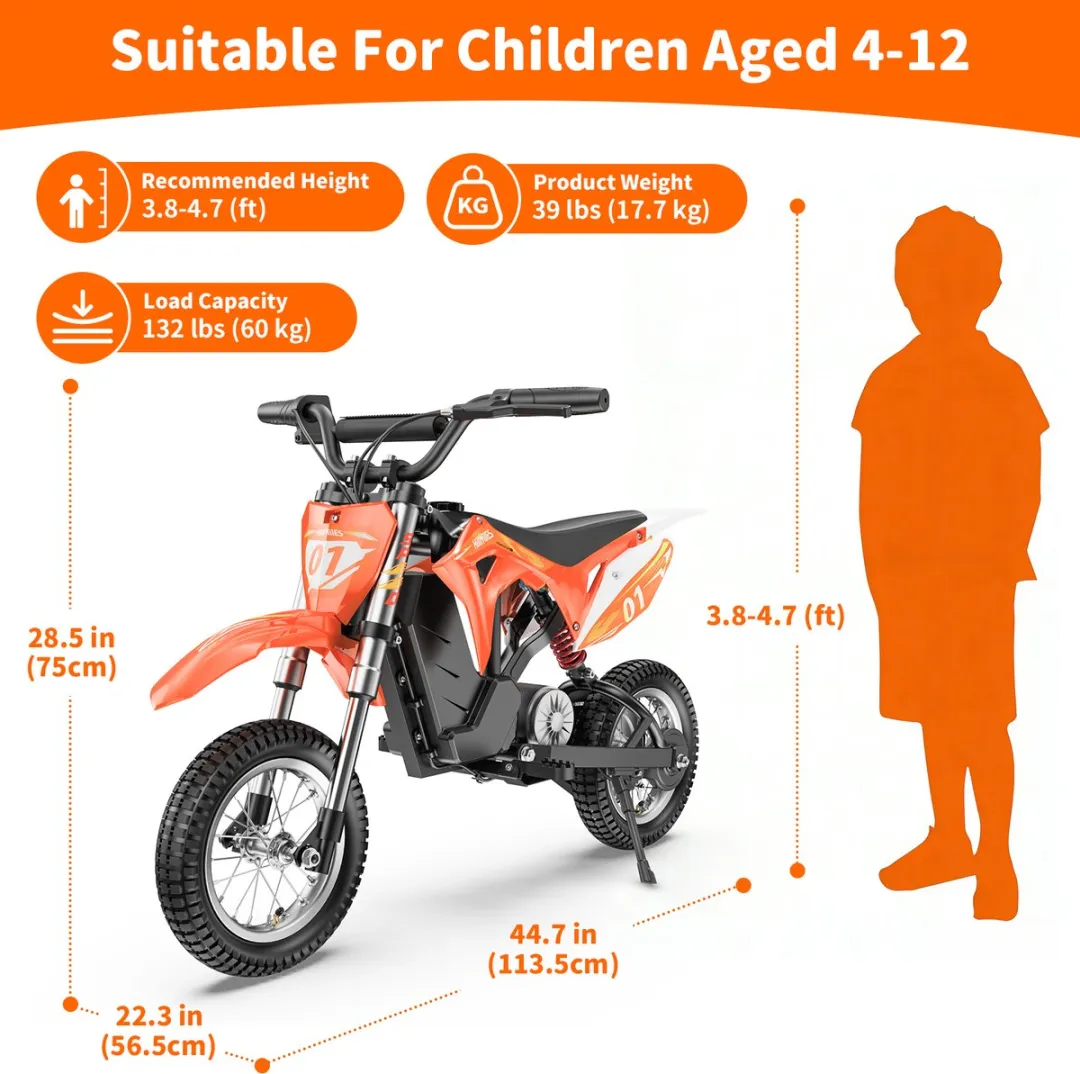 HillMiles MileRocket 1 Kinder Elektrische Crossmotor 250W - Zwart-oranje