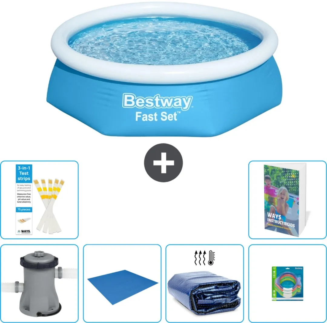 Bestway Rond Opblaasbaar Fast Set Zwembad - 244 x 61 cm - Blauw - Inclusief Pomp Grondzeil - Solarzeil - Speelgoed - 7-delig