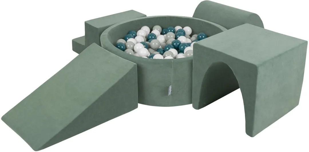 KiddyMoon spielplatz velvet aus schaumstoff mit samt rund bällebad (200 bälle) ballgruben für babys spielbad hindernisläufen, hergestellt in der eu, waldgrün: dunkeltürkis/grüngrau/weiß