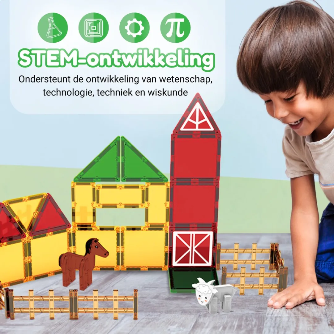 Fits4Kids® Magnetic Tiles 76 Stuks - Magnetische Bouwtegels - STEM Educatief Speelgoed voor Creatief Bouwen - Magnetisch Speelgoed - Magna Bouwstenen - Farmyard Frenzy - 3 4 5 6 7 8 9 Jaar
