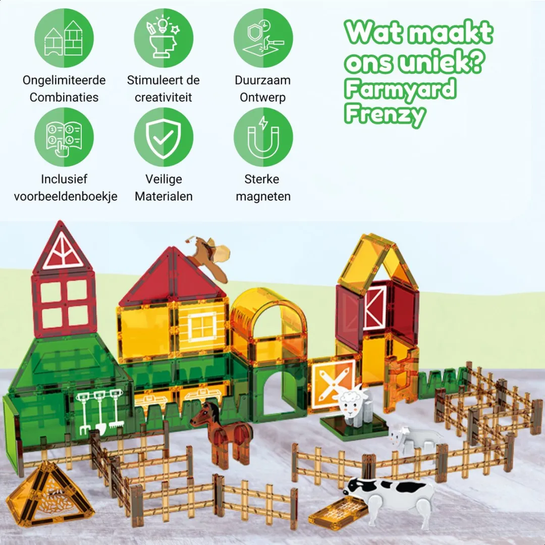 Fits4Kids® Magnetic Tiles 76 Stuks - Magnetische Bouwtegels - STEM Educatief Speelgoed voor Creatief Bouwen - Magnetisch Speelgoed - Magna Bouwstenen - Farmyard Frenzy - 3 4 5 6 7 8 9 Jaar