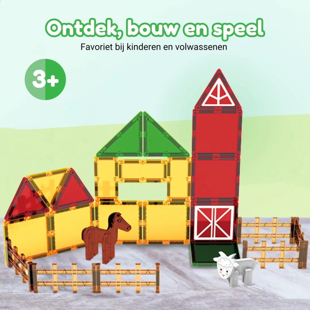 Fits4Kids® Magnetic Tiles 76 Stuks - Magnetische Bouwtegels - STEM Educatief Speelgoed voor Creatief Bouwen - Magnetisch Speelgoed - Magna Bouwstenen - Farmyard Frenzy - 3 4 5 6 7 8 9 Jaar