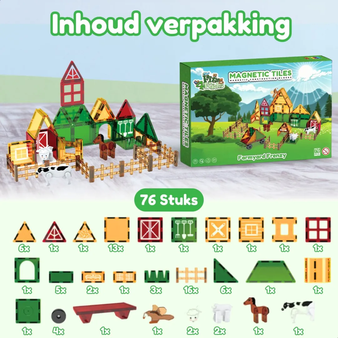 Fits4Kids® Magnetic Tiles 76 Stuks - Magnetische Bouwtegels - STEM Educatief Speelgoed voor Creatief Bouwen - Magnetisch Speelgoed - Magna Bouwstenen - Farmyard Frenzy - 3 4 5 6 7 8 9 Jaar