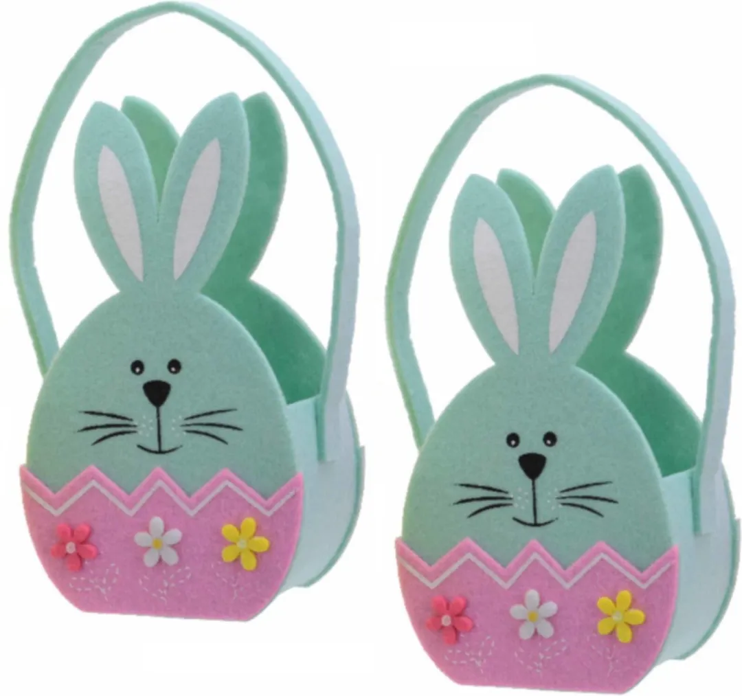 Decoris Paaseieren mandje - Paashaas - blauw - vilt - 11 x 20 cm - Paasmandjes