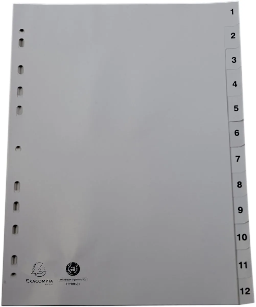 Exacompta A4 Numerieke Tabbladen PP Grijs - 12 Stuks