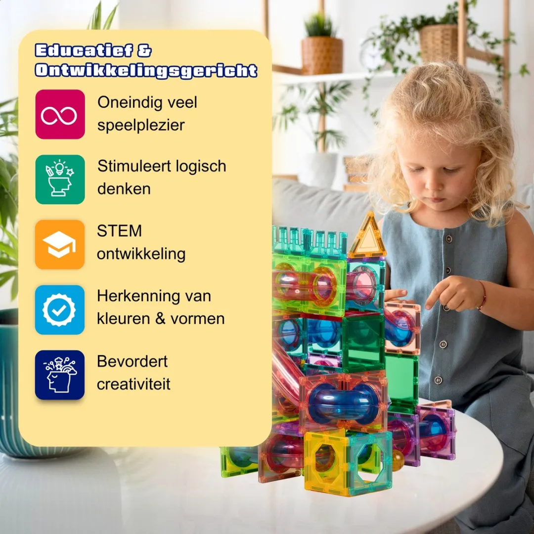 Fits4Kids Magnetische Knikkerbaan - 136 Stuks - Magnetic Tiles - Magnetische Bouwtegels - STEM Speelgoed voor Creatief Bouwen - Knikkerbaan - Magnetische bouwstenen - Constructiespeelgoed - Marble Adventure Track - 3 4 5 6 7 8 9 Jaar