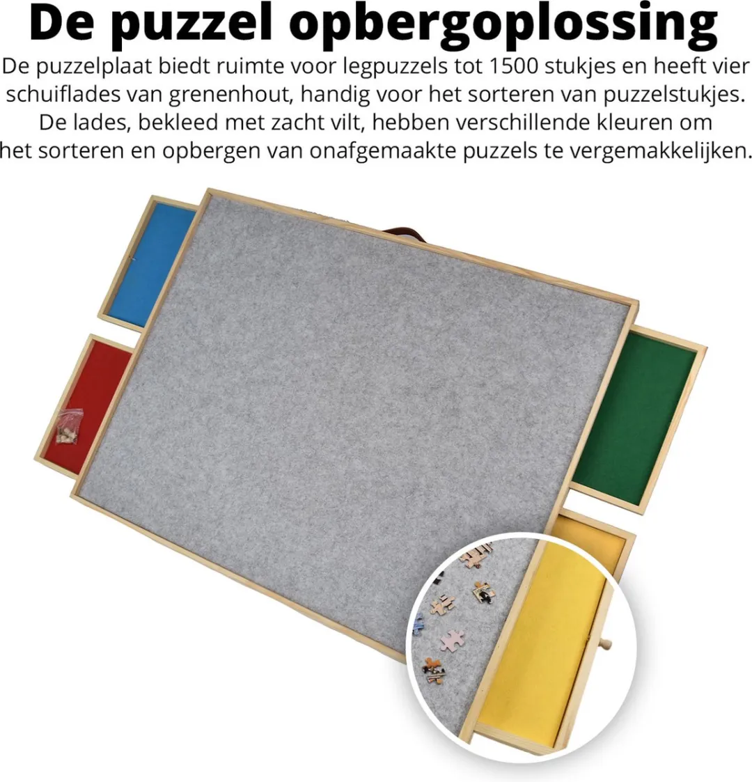Verstelbare Puzzelbord met Sorteersysteem - Puzzelplaat met Bescherming - 4 Lades voor 1500 stukjes - Puzzelmat van Hout - Puzzel tafel - Portapuzzel - 89x68,7x4 cm