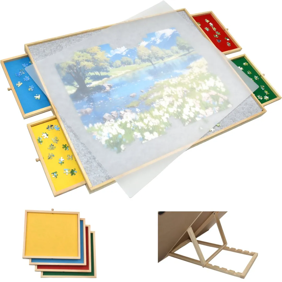 Verstelbare Puzzelbord met Sorteersysteem - Puzzelplaat met Bescherming - 4 Lades voor 1500 stukjes - Puzzelmat van Hout - Puzzel tafel - Portapuzzel - 89x68,7x4 cm