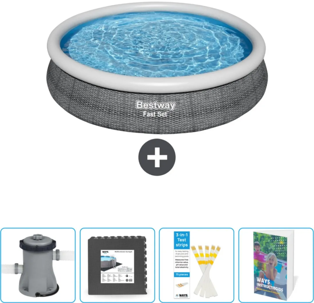 Bestway Rond Opblaasbaar Fast Set Zwembad - Rotanprint - 366 x 76 cm - Inclusief Pomp Vloertegels - Testrips - Zwembadgids
