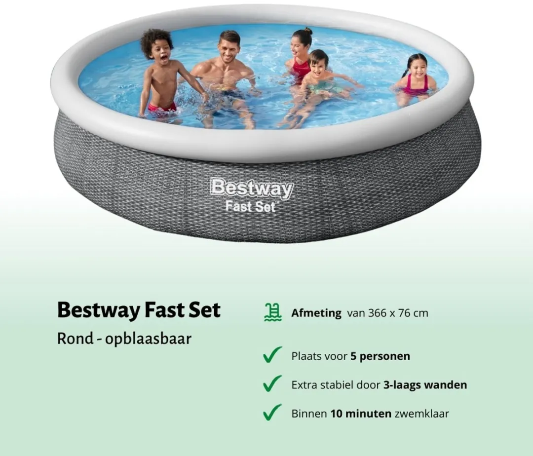 Bestway Rond Opblaasbaar Fast Set Zwembad - Rotanprint - 366 x 76 cm - Inclusief Pomp Vloertegels - Testrips - Zwembadgids