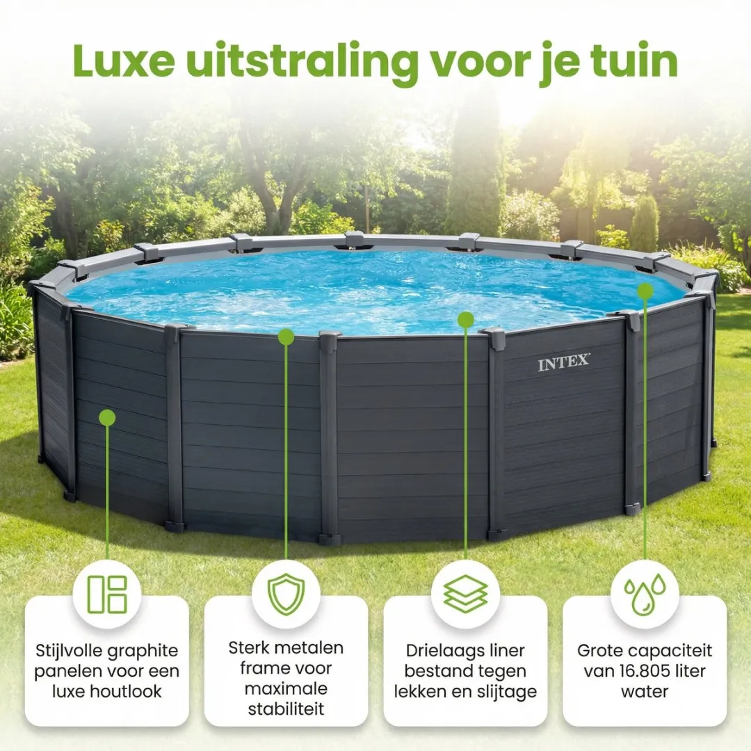 Intex Rond Graphite Gray Panel Zwembad - 478 x 124 cm - Inclusief Pomp - Ladder - Grondzeil - Afdekzeil - Filterbollen - Stofzuiger - 9-delig