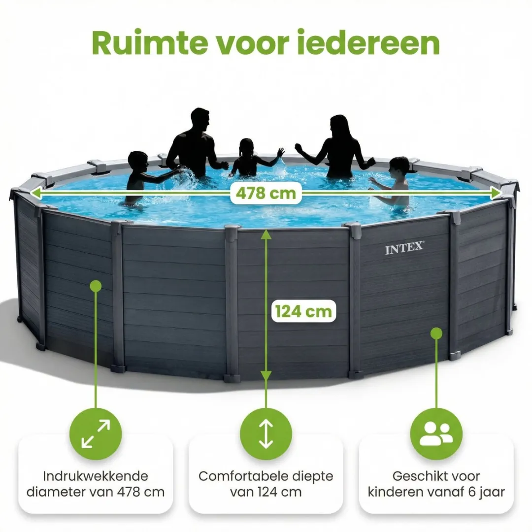 Intex Rond Graphite Gray Panel Zwembad - 478 x 124 cm - Inclusief Pomp - Ladder - Grondzeil - Afdekzeil - Filterbollen - Stofzuiger - 9-delig