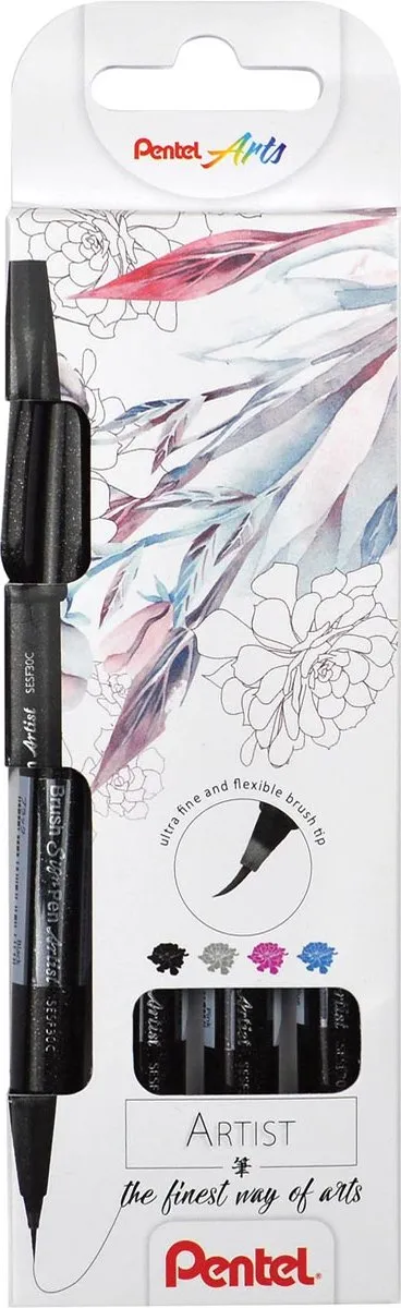 Pentel brushpen Artist, kartonnen etui met 4 stuks: zwart, grijs, turkoois en roze 12 stuks