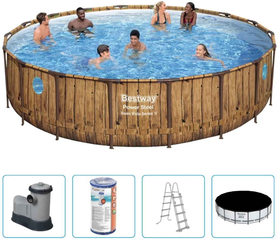 Bestway - Power Steel Swim Vista - Houtprint - Opzetzwembad - Ø 549 x 122 cm - Inclusief Filterpomp & Accessoires