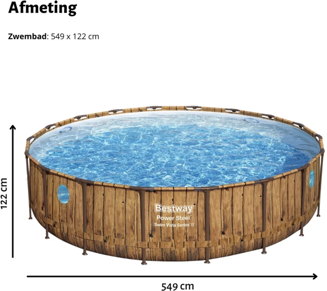 Bestway - Power Steel Swim Vista - Houtprint - Opzetzwembad - Ø 549 x 122 cm - Inclusief Filterpomp & Accessoires