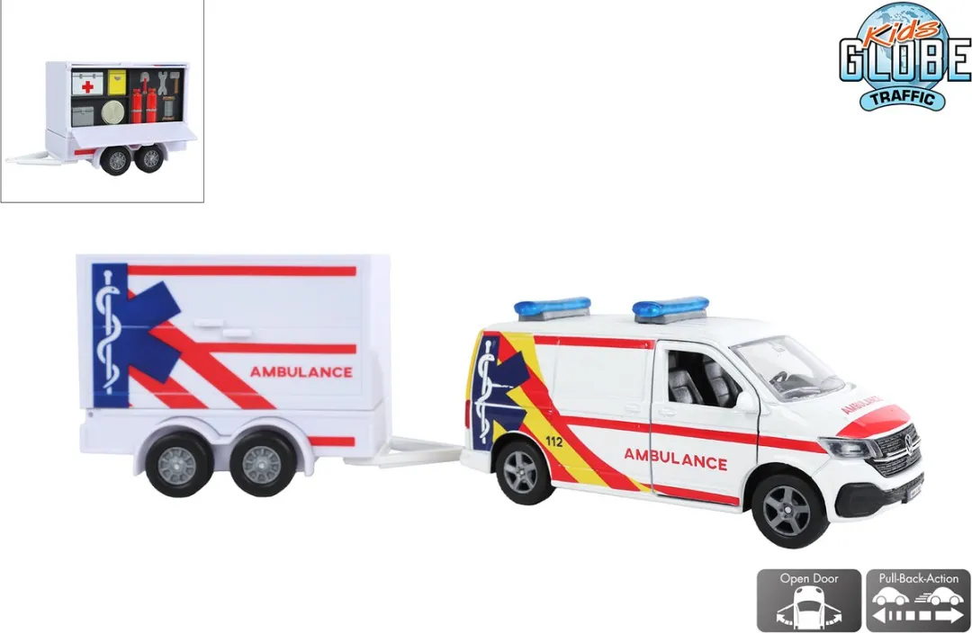 Kids Globe VW Transporter Ambulance met Aanhangwagen 520422 - Multicolor