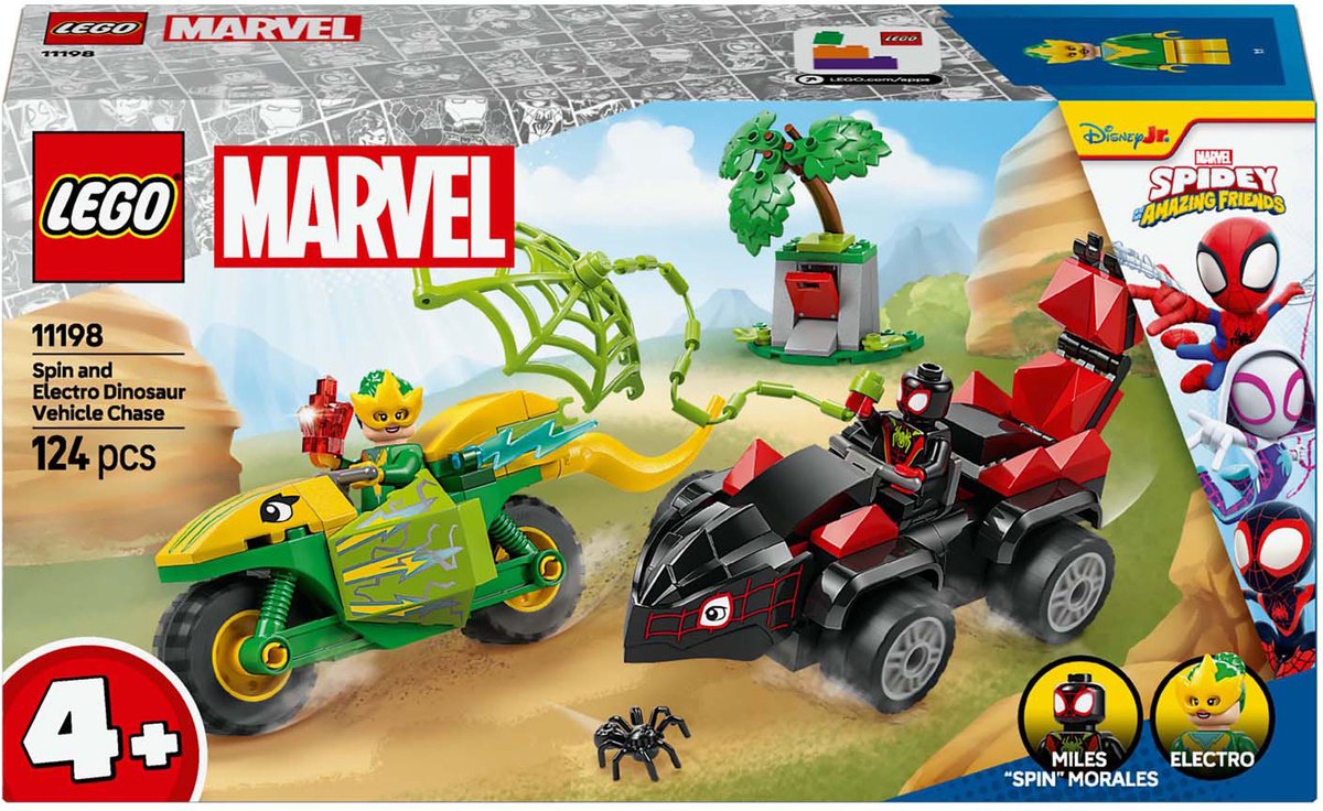 LEGO Marvel Spidey en zijn geweldige vriendjes Spin en Electro achtervolging met dinosaurusvoertuigen - 11198