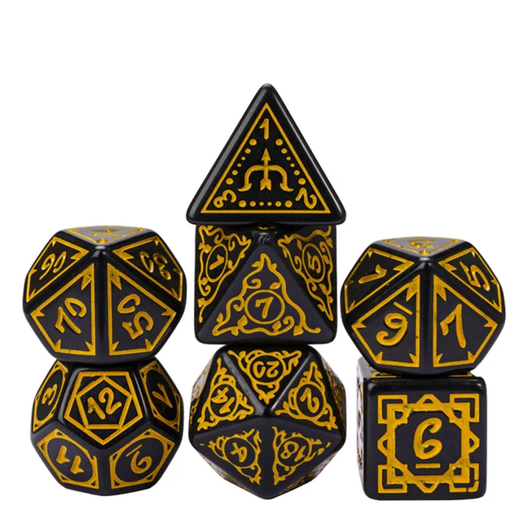 HOT Games dobbelstenen set druide zwart/geel 7-delig - dobbelspel accessoires.