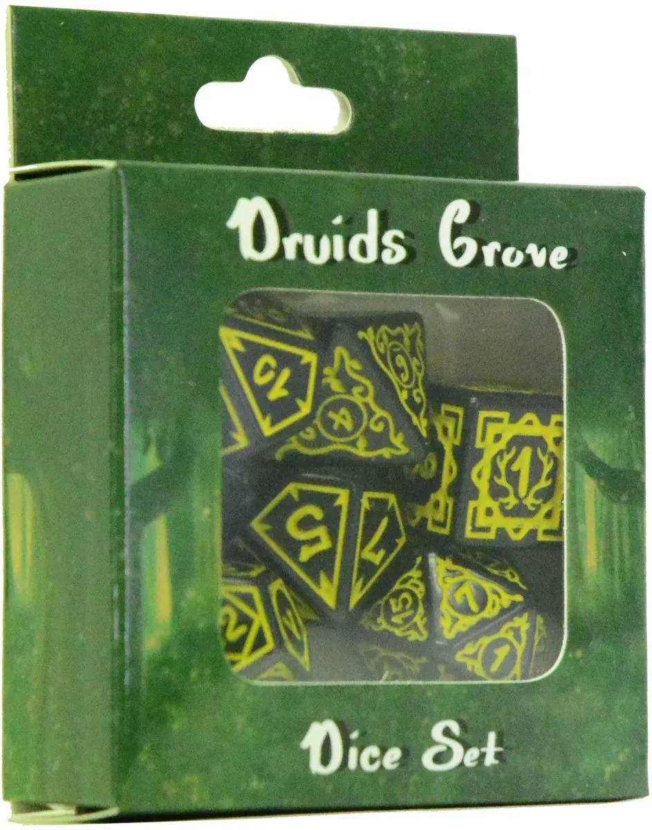 HOT Games dobbelstenen set druide zwart/geel 7-delig - dobbelspel accessoires.