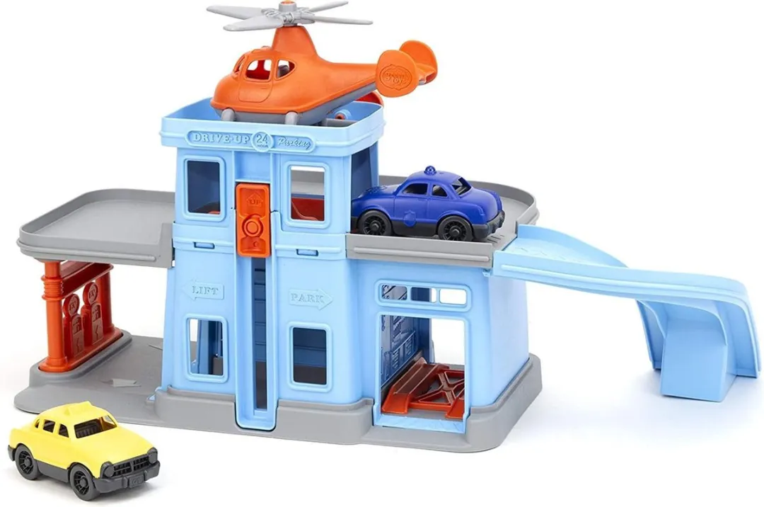 Greentoys parkeergarage met 2 auto's en een helikopter